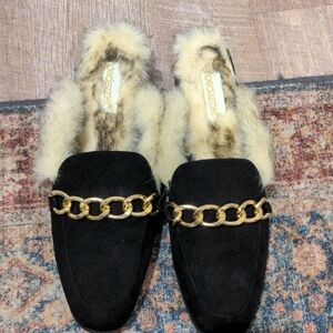 Shoe Dazzle Black Suede Mules with Cream Faux Fur And Gold Accents